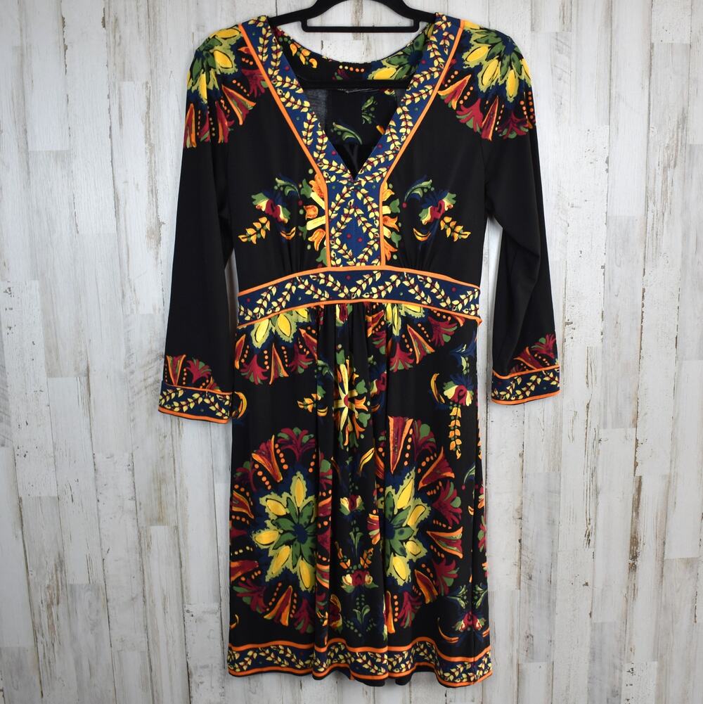 Boho Black Print Dress Women's Small Medium 3/4 Sleeve Stretch Western Eclectic